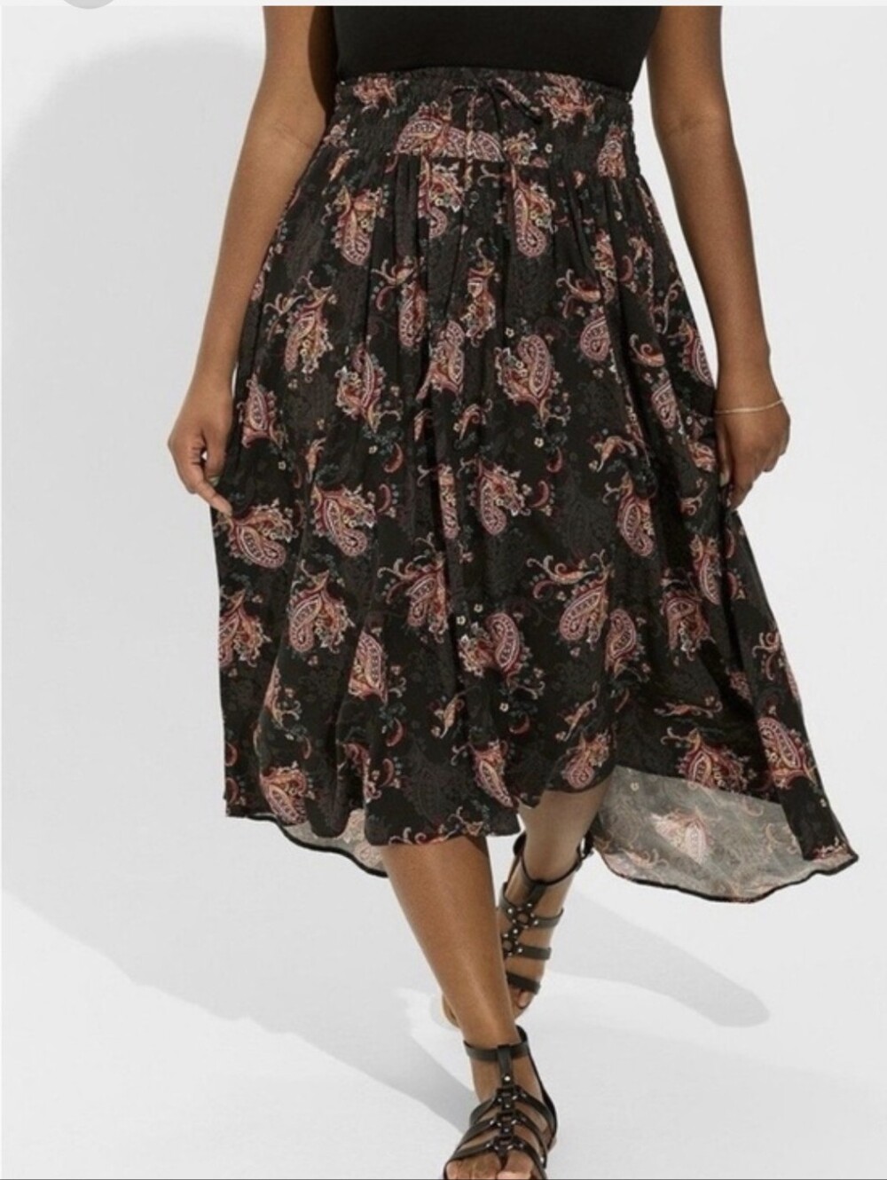 Torrid Black Midi Skirt with Pink Paisley Print
